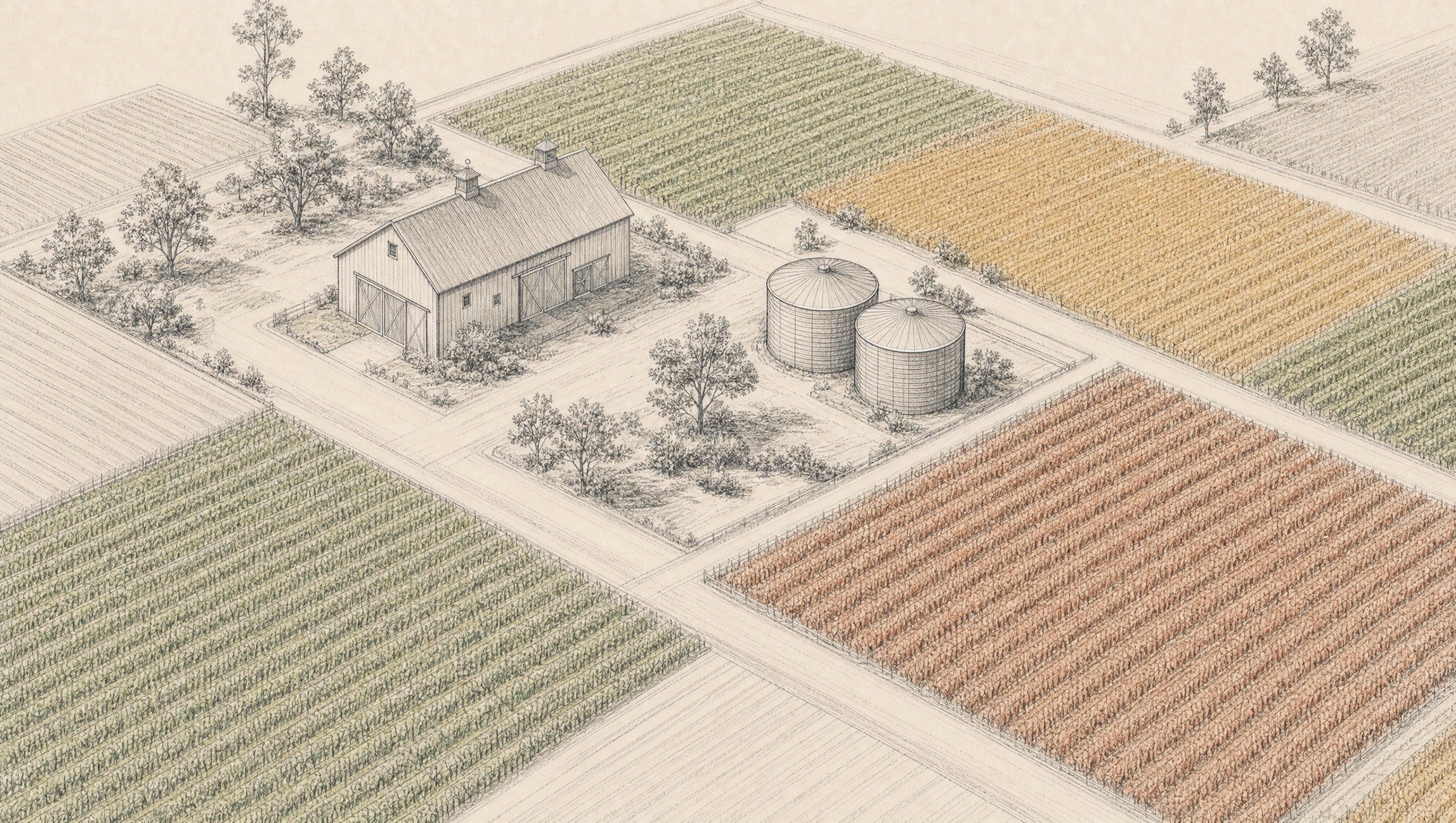 A drawn farm map in the house style — isometric plot grid, barn and tanks at the center, block-health color washes on the fields.