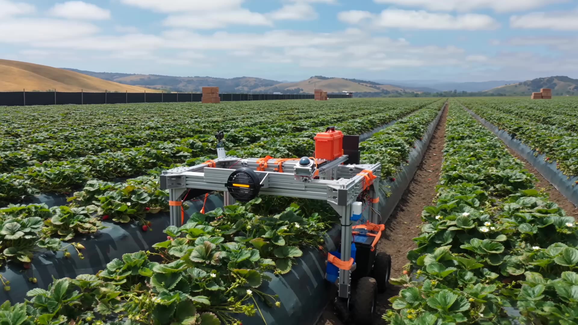 Franky, Agtom's rover prototype, over a strawberry bed during a daytime survey pass.