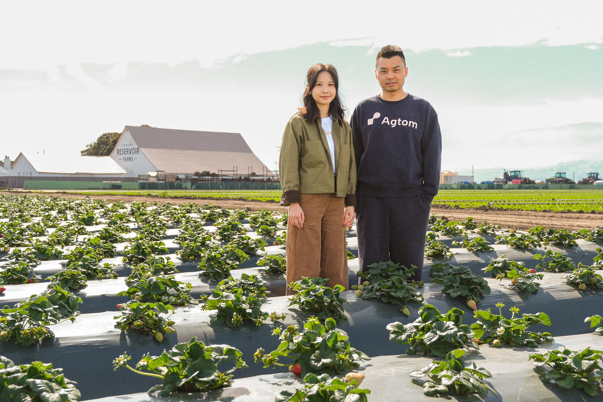 Two people standing in a strawberry block at Reservoir Farms, the barn behind them.