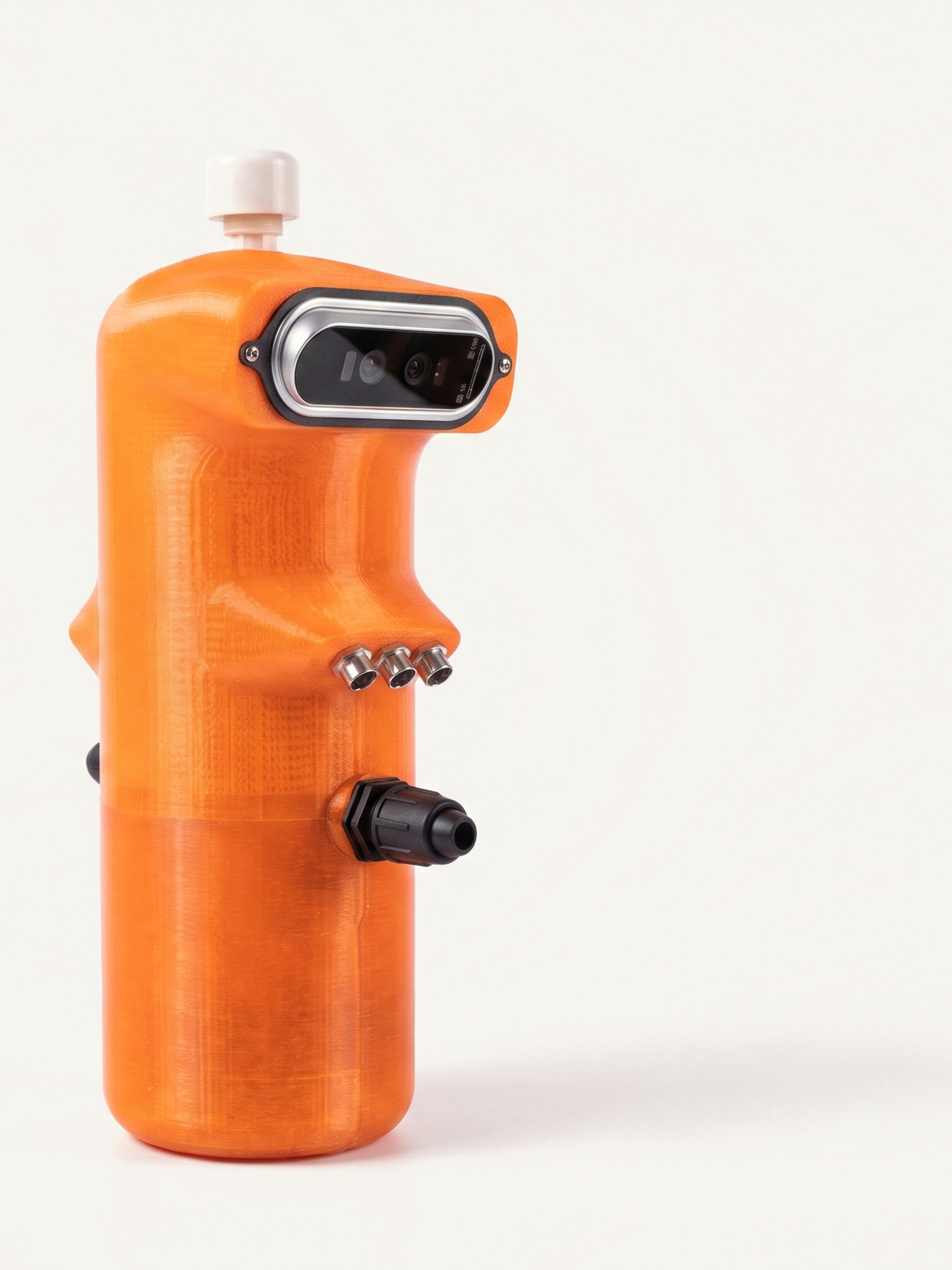 The Dave unit in the studio — orange body, twin-lens camera plate.
